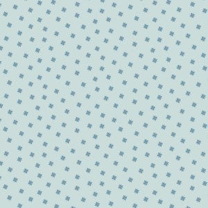 May include: A repeating pattern of small, blue, eight-pointed star shapes on a light blue background. The stars are evenly spaced and create a subtle, all-over design. The pattern is simple and clean, suitable for various applications.