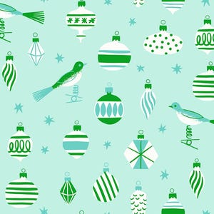 May include: A repeating pattern on a light mint green background featuring various Christmas ornaments in shades of dark green, light green, and white, interspersed with small star shapes and stylized birds perched on wire clips.