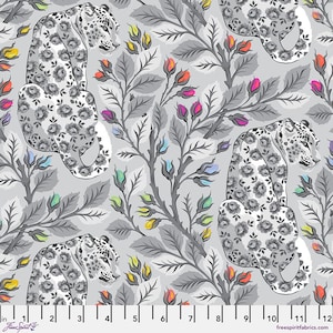 May include: A fabric pattern featuring stylized leopards with floral patterns in black and white, set against a gray background. The design includes gray branches with colorful buds in shades of yellow, orange, pink, and blue. The fabric is 12 inches wide.