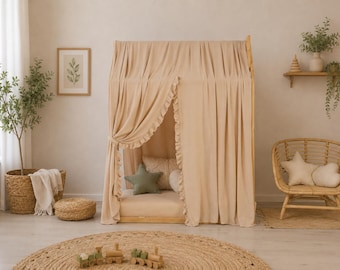 Bed Canopy, Customized Montessori Bed Canopy, Montessori Bed Curtains with ruffle, House Bed Curtains, Crib Canopy for Bed Frame bed canopy