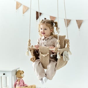 baby swing toddler, baby swing boucle, baby swing chair brown, Gift For Baby,  Swing with pillow, Handmade Swing, swings for toddlers