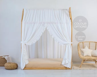 White Bed Canopy, Customized Montessori Bed Canopy, Montessori Bed Curtains with ruffle, House Bed Curtains, White Crib Canopy for Bed Frame