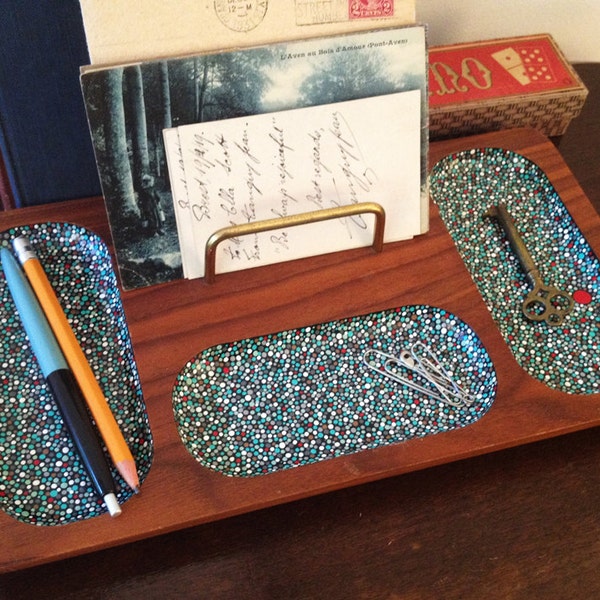 Desk Organizer : Hand-painted Blue w/Red Accent Dots