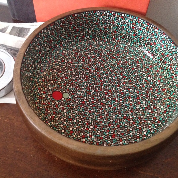 Circular Bowl : Hand-painted Blue w/Red Accent Dots