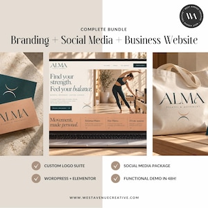 May include: A branding bundle for Alma Pilates & Movement featuring business cards, a laptop displaying a website with a person exercising, and a canvas tote bag. Text includes Complete Bundle, Branding + Social Media + Business Website.