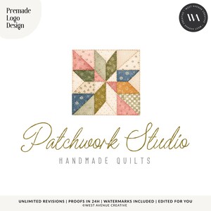 May include: A premade logo design featuring a square quilt block with a star pattern in muted pink, green, blue, and cream floral fabrics. Below the graphic, the text reads Patchwork Studio in gold script and HANDMADE QUILTS in gray.