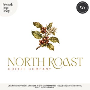 May include: A premade logo design featuring a botanical illustration of a coffee branch with green leaves, red coffee cherries, and white flowers. The text reads North Roast Coffee Company in a gold serif font, with West Avenue Creative branding.