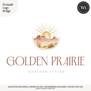 Könnte beinhalten: Ein vorgefertigtes Logo-Design mit einer kreisförmigen Aquarellillustration einer Wüstenlandschaft mit Mesas, Sonnenstrahlen und trockenem Gras. Der Text lautet GOLDEN PRAIRIE und WESTERN LIVING in einer Serifenschrift.