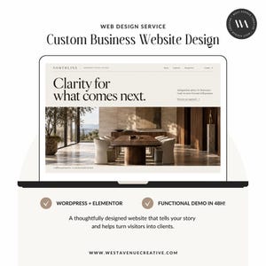 Peut inclure: Un écran d'ordinateur portable affichant un design de site web professionnel pour Northline, avec le texte Clarity for what comes next. L'interface inclut les logos WordPress et Elementor, une offre de démo en 48h et l'URL westavenuecreative.com.