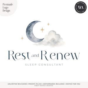 May include: A premade logo design featuring a watercolor crescent moon in shades of blue and gray, accompanied by a soft gray cloud and three gold stars. The text reads Rest and Renew SLEEP CONSULTANT in a dark blue serif font on a white background.