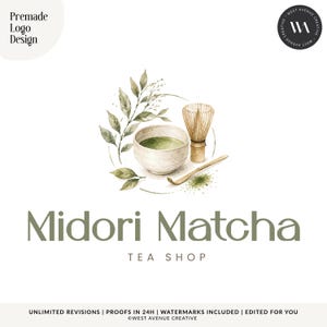 Peut inclure: Un design de logo préconçu présentant une illustration à l'aquarelle d'un bol à matcha, d'un fouet en bambou et de feuilles de thé. Le texte indique Midori Matcha TEA SHOP. Le texte additionnel inclut Premade Logo Design et West Avenue Creative.