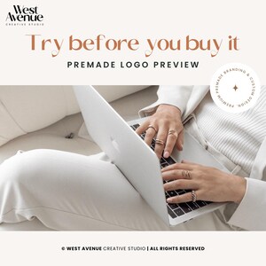 May include: A person using a laptop, wearing rings, with the text "Try before you buy it" and "PREMADE LOGO PREVIEW". The image also includes the West Avenue Creative Studio logo and copyright information.