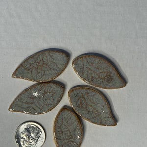 May include: Five ceramic leaf-shaped tiles with a light blue glaze and brown accents. The tiles are arranged on a white surface, with a US quarter for size comparison. The leaves have a textured, veined pattern.
