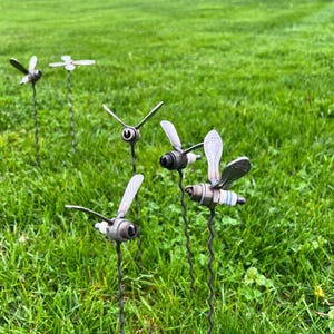 以下が含まれることがあります： スパークプラグとワイヤーで作られたトンボの金属彫刻が5つ。彫刻は草地のフィールドに配置されています。