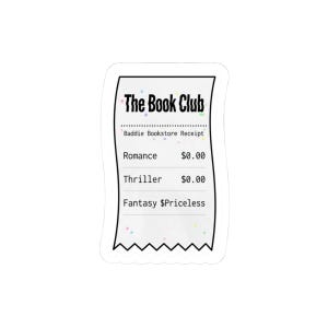 Op de afbeelding: Een witte sticker in de vorm van een bon met bovenaan de tekst "The Book Club". De bon vermeldt "Romance" en "Thriller" met een prijs van €0,00, en "Fantasy" staat vermeld als "Priceless".