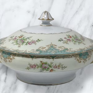 Vintage Handpainted Noritake Aqua Floral Covered Serving Bowl - Vegetable Bowl with Lid