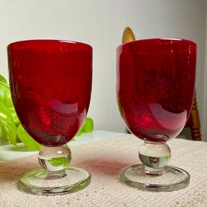 Vintage Ruby Red Bubble Glass Water Goblets, Clear Ball Knop Stem and Disc Foot, Set of 2