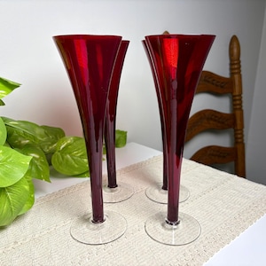 Vintage Hand Blown Ruby Red Trumpet Champagne Flutes, Long Tapered Stems, Clear Round Bases, Set of 4, Holiday Barware