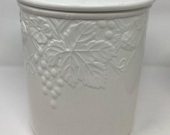 Vintage Mikasa English Countryside Canister with Lid | 6.5” Tall | Embossed Fruit |Country Cottage Design | Farmhouse Decor