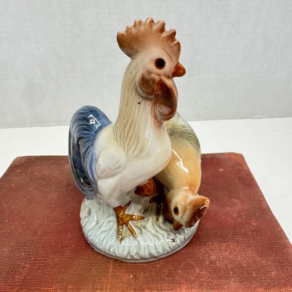 Vintage Ceramic Rooster and Hen Figurine - Farmhouse Kitchen Decor - Hand-Painted Porcelain Chicken Pair - Country Cottage Style Statuette