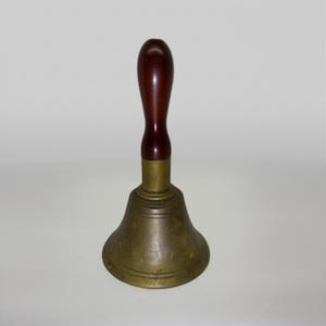 Vintage Brass Hand Bell with Wooden Handle 10&quot; Antique School Bell Service Bell Dinner Bell