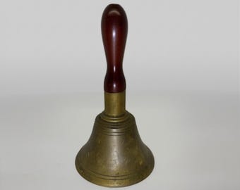 Vintage Brass Hand Bell with Wooden Handle, 10" School Bell