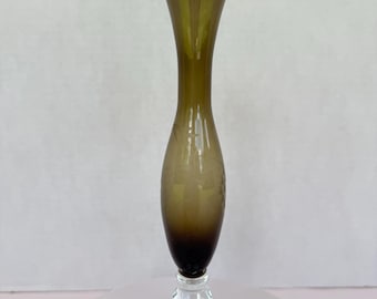 Vintage Etched Glass Bud Vase, Olive Green with Clear Pedestal