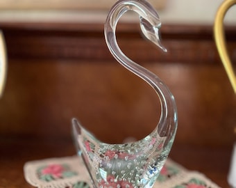 Vintage Clear Art Glass Swan Bird with Bubbles Paperweight Decor Long Neck Goose Figurine