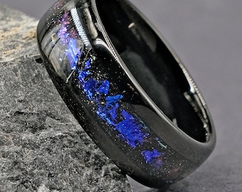 Einzigartiger Nebel Wolfram Ehering, Blauer Opalring Eheringe für Männer, Jubiläumsring, Opalring Geschenk für Mann, Geburtstagsgeschenk Männer