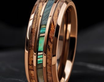 Abalone Muschel & Koa-Holz Ehering, einzigartiger Herren Ehering aus Holz, Koa Holz Ring, Wolframring braun Kaffee, Verlobungsring