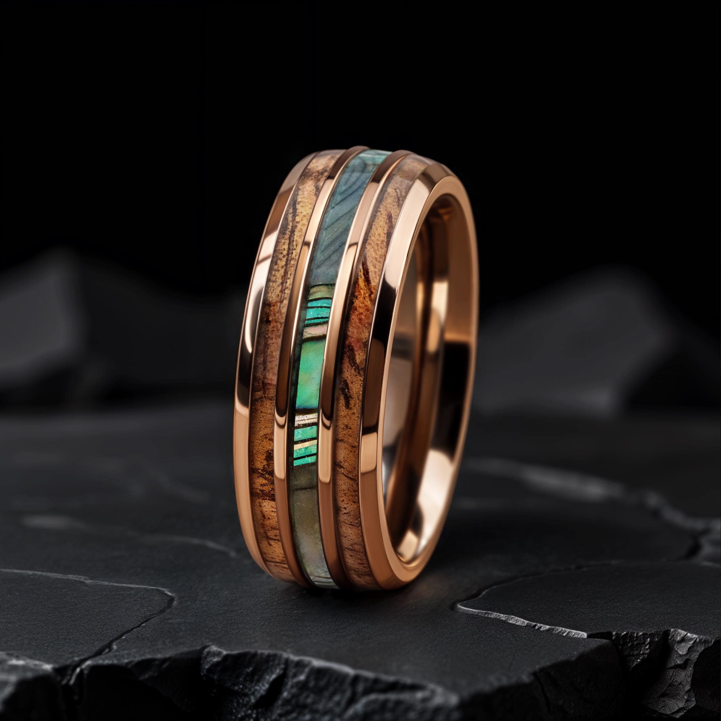 Hawaiian Wolframring, Braunes Wolframband, Koa Holz und Abalone Inlay Band, 8 MM Ring, Herrenring, Ehering des Mannes, Holzring