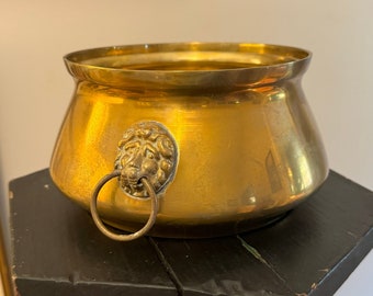 Vintage Double-Handled Brass Container with Lion Head Detail | Made in India, c. 1970s