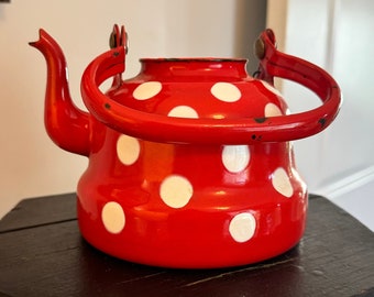 Vintage Red White Polka Dot Enameled Tea Kettle | Made in Yugoslavia