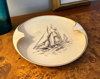 Vintage Porcelain Dish or Ash Tray, Schooner Columbia American Cup Defender October 1871, Cream w Gold Trim, Lenox | Made in USA, c. 1960s