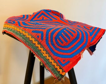 Vintage Guna or Kuna Mola Tapestry, Appliqued Cotton, Blue and Red Abstract | Panama