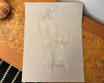 Vintage Original Pencil Line Drawing, Graphite on Paper, Male Nude Study, Unframed | c. 1980s