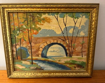 Vintage Original Oil Painting, Arched Bridge Over Water, Signed, Gilt Wood Frame | c. 1950s