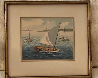 Vintage Original Watercolor, Signed, Brian Truelove (American, 1904-1998), Boat No. 2, Lemon Gold Frame | New England, c 1950s