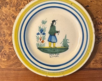 Vintage Henriot Quimper Plate, 6.75" diameter, Breton Man, Yellow and Blue | Made in France