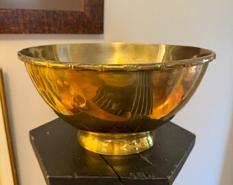 Big Brass Vintage Footed Bowl with Bamboo Trim | circa 1960s-70s