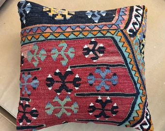 Vintage Turkish Woven Kilim Pillow Cover No. 1, 100% Wool with Cotton Backing | Made in Turkey, c. Mid-Twentieth Century