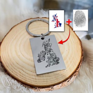 Porte-clés personnalisé uk avec empreinte digitale en acier inoxydable – Cadeau unique gravé – Accessoire souvenir Royaume-Uni