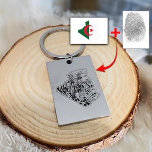Porte-clés personnalisé empreinte digitale & carte Algérie – Gravé en acier inoxydable