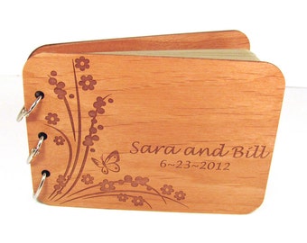 Engraved Butterfly and Flower Wood Guest Book and/or Photo Album