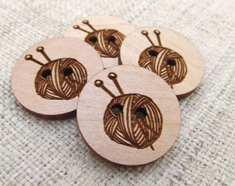 Knitting Needle and Yarn Wooden Buttons - Engraved Laser Cut Wood Buttons
