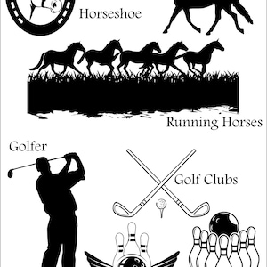 May include: Black and white silhouette illustrations of a horse in a horseshoe, a single horse, a group of running horses, a golfer swinging a club, two golf clubs crossed, a bowling ball with wings and three bowling pins, and ten bowling pins with a bowling ball on top.
