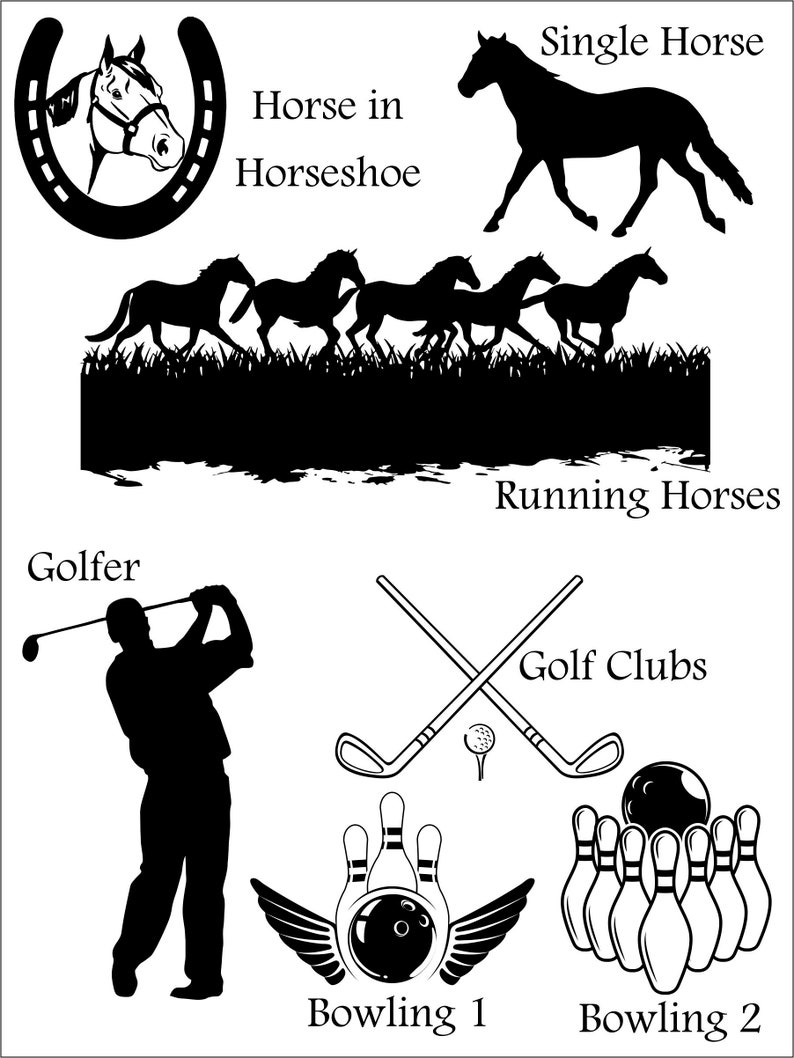 May include: Black and white silhouette illustrations of a horse in a horseshoe, a single horse, a group of running horses, a golfer swinging a club, two golf clubs crossed, a bowling ball with wings and three bowling pins, and ten bowling pins with a bowling ball on top.