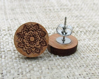 Mandala Wooden Post Stud Earrings - Graphic Design Wood Earrings - Mandala Earrings