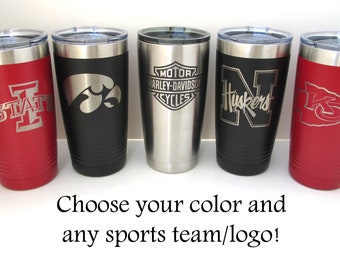 Colored Stainless Steel Tumbler - 20 oz Insulated Cup Powder Coated - Choose Your Team or Logo - Choose Your Color