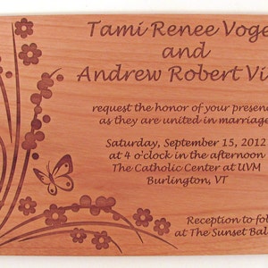 Wooden Wedding Invitation Real Wood Invitation Floral Butterfly Design image 2